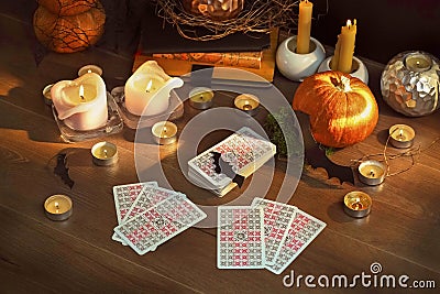 Halloween concept, black magic or fortune telling rite with occult and esoteric symbols Editorial Stock Photo