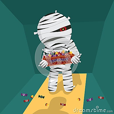 Halloween concept card with Mummy bring candy for trick or treat. vector illustration Vector Illustration