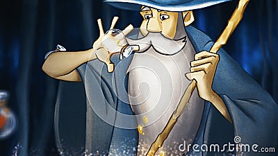 Halloween concept, cartoon animation with a mysterious place in the forest where a wizard preparing a potion on a ritual Stock Photo