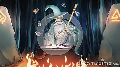 Halloween concept, cartoon animation with a mysterious place on a map in the forest where a wizard preparing a potion on Stock Photo