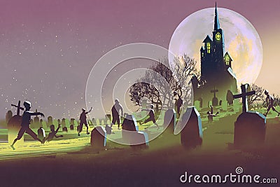 Halloween concept,cemetery with zombies at night Cartoon Illustration