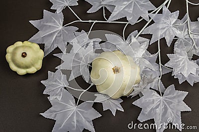Halloween concept. Ghostly white maple leaves on a branch, pumpkins Stock Photo
