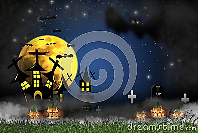 Halloween concept with horror night, Filled with fog and grass and pumpkin burns flames, with castles and graves full of crucifixe Stock Photo