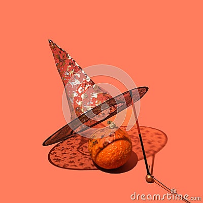 Halloween concept made of striking black with golden printed decorative witch hat and lovely orange pumpkin. Sunny shadows. Stock Photo