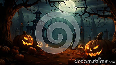 Halloween concept with a pumpkin and skeleton on background Stock Photo