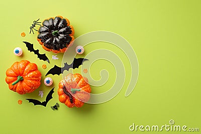 Halloween concept. Top view photo of pumpkins bat silhouettes spooky eyes spiders centipede and ghost silhouettes confetti on Stock Photo