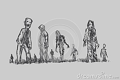 Halloween concept of zombie crowd walking around the city Vector Illustration