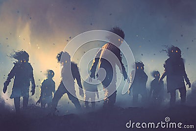 Halloween concept of zombie crowd walking at night Cartoon Illustration