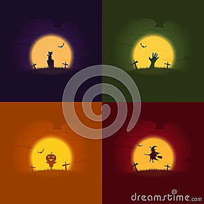Halloween Concepts, Set of vector illustration, Cat, Zombie hand, Pumpkin scarecrow, Witch Vector Illustration