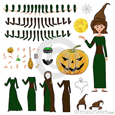 Halloween constructor set of female characters. Girl with holiday attributes. Vector illustration Cartoon Illustration