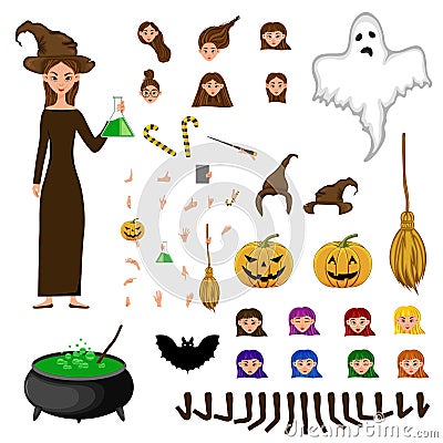Halloween constructor set of female characters. Girl with holiday attributes. Vector illustration Cartoon Illustration