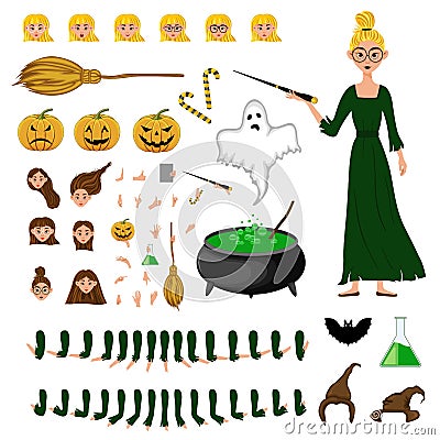 Halloween constructor set of female characters. Girl with holiday attributes. Vector illustration Cartoon Illustration