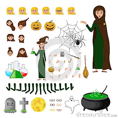 Halloween constructor set of female characters. Girl with holiday attributes. Vector illustration Cartoon Illustration