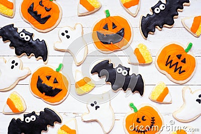 Halloween cookie background on white wood Stock Photo