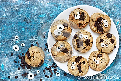 Halloween cookie, chocolate american cookies with candy eyes Stock Photo