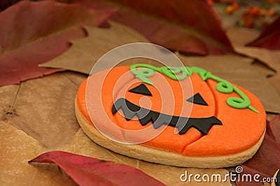 Halloween cookie on dry leaves. Stock Photo