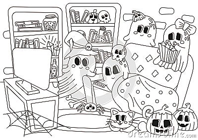 Halloween cozy indoor interior of room with ghost characters watching horror movies, spooky family Vector Illustration