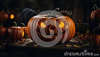 halloween. crazy pumpkin smiling. decorated blurry background Stock Photo