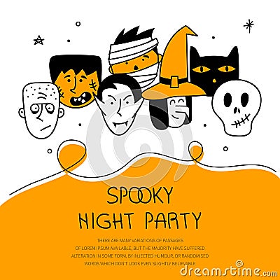 Halloween creepy faces vampire, witch, zombie, mummy, cat and phrase SPOOKY NIGHT PARTY. Vector illustration on 31 Vector Illustration