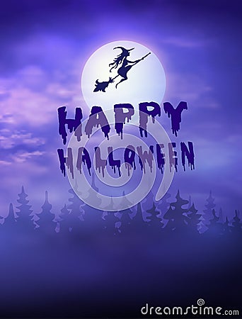 Halloween creepy forest with bats and full Moon Vector Illustration