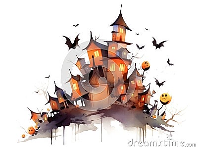 Halloween creepy house modern illustration. Holiday card spooky watercolor drawing Cartoon Illustration