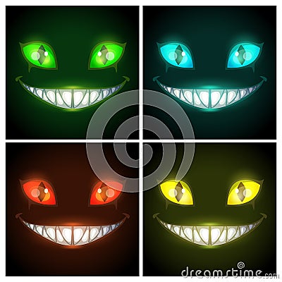 Halloween creepy posters set. Fantasy scary smiling evil animal face on the black background. Vector Illustration