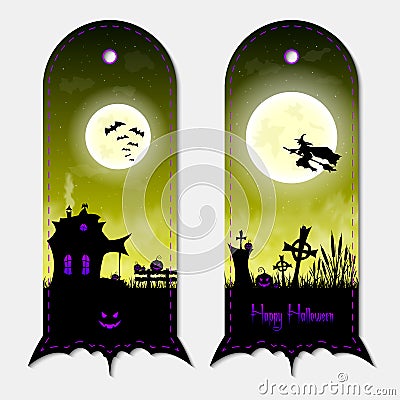 Halloween creepy yellow fantasy vertical banners labels set. Vector illustration. Vector Illustration