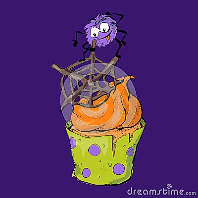 Halloween cupcake with chocolate spider webs and spider character. Vector Illustration