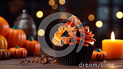 Halloween cupcake with color. Jack o'lantern made with pumpkin. at a Halloween party, dessert. Muffin adorned with frosting, Stock Photo