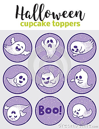 Halloween cupcake toppers with ghosts Vector Illustration