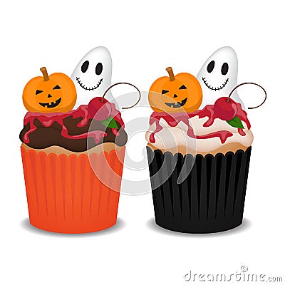 Halloween cupcakes with ghost, pumpkin and cherry. Vector Illustration
