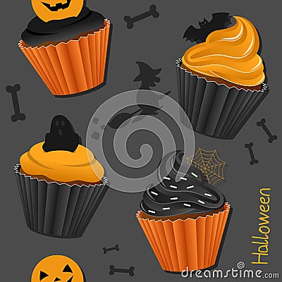 Halloween Cupcakes Seamless Pattern Vector Illustration