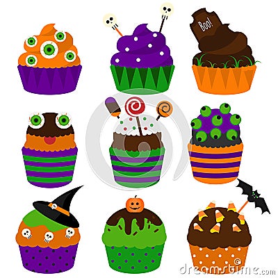 Halloween cupcakes. Vector flat icons. Halloween bakery. Sweet Party food Vector Illustration