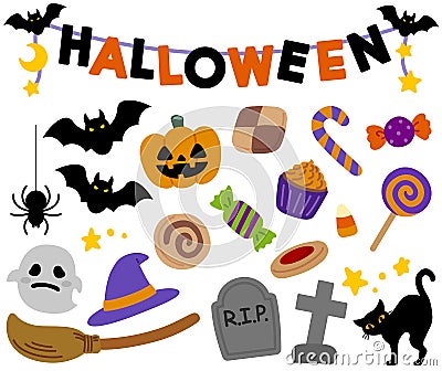 Halloween cute decoration and items . Vector Illustration