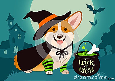 Halloween cute smiling welsh corgi dog in witch costume, black h Vector Illustration