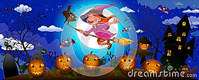 Halloween cute witch on a broom Vector Illustration