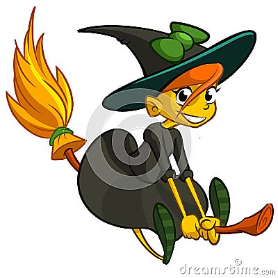 Halloween cute witch flying on her broom. Vector cartoon sticker Vector Illustration