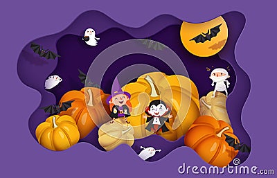 Halloween 3d papercut layered design. Witch, ghoul, vampire, bat, pumpkin, mummy Vector Illustration