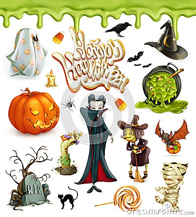 Halloween 3d vector icons. Pumpkin, ghost, spider, witch, vampire, candy corn. Set of cartoon characters and objects Vector Illustration