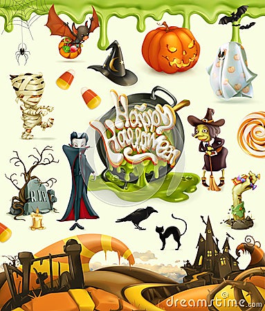Halloween 3d vector illustrations. Pumpkin, ghost, spider, witch, vampire, zombie, grave, candy corn Vector Illustration