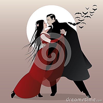 Halloween Dance Party. Romantic vampire couple dancing. Vector Illustration