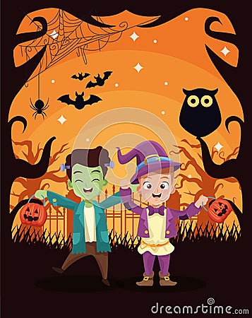 Halloween dark scene with kids disguised characters Vector Illustration