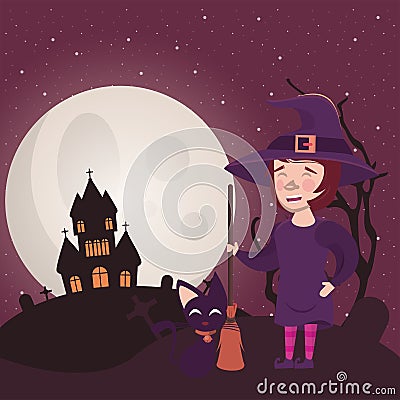 Halloween dark scene with woman disguised witch Vector Illustration