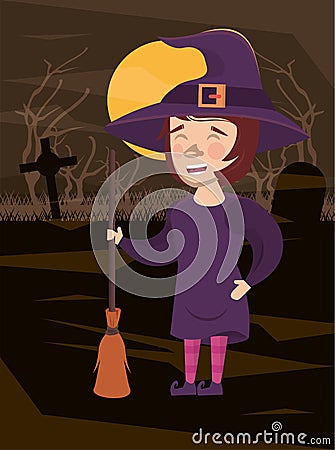 Halloween dark scene with woman disguised witch Vector Illustration