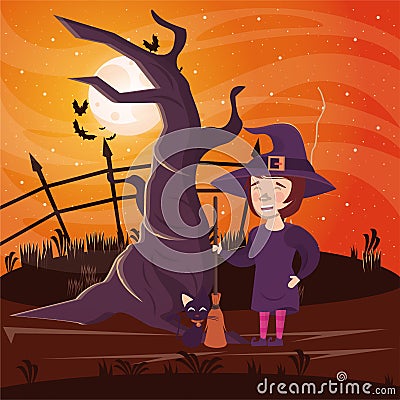 Halloween dark scene with woman disguised witch Vector Illustration