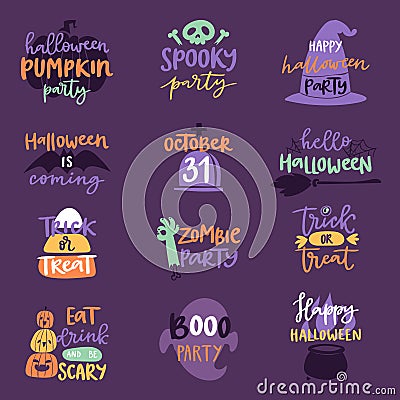 Halloween Day celebration invitation logo text badge phrases vector illustration set design Vector Illustration