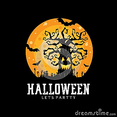 halloween day logo design, vector ghost, tree, pumpkin, spider, bat, grave, hand, moon scary poster Vector Illustration