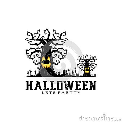 halloween day logo design, vector ghost, tree, pumpkin, spider, bat, grave, hand, moon scary poster Vector Illustration