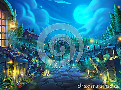 Halloween Dead Garden, Zombie Cemetery in the Night with Fantastic Stock Photo