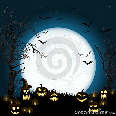 Halloween dead tree and pumpkins in front of an full moon Vector Illustration